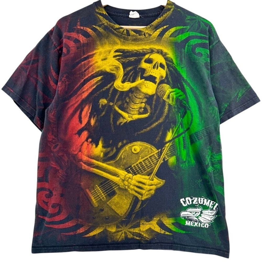 Y2K Rasta Skeleton Guitarist T-Shirt Cozumel Mexico All Over Print L Reggae AOP